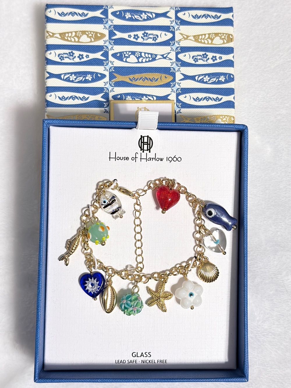 House of Harlow 1960 Gold Charm Bracelet with Blue, Red, White & Green Charms